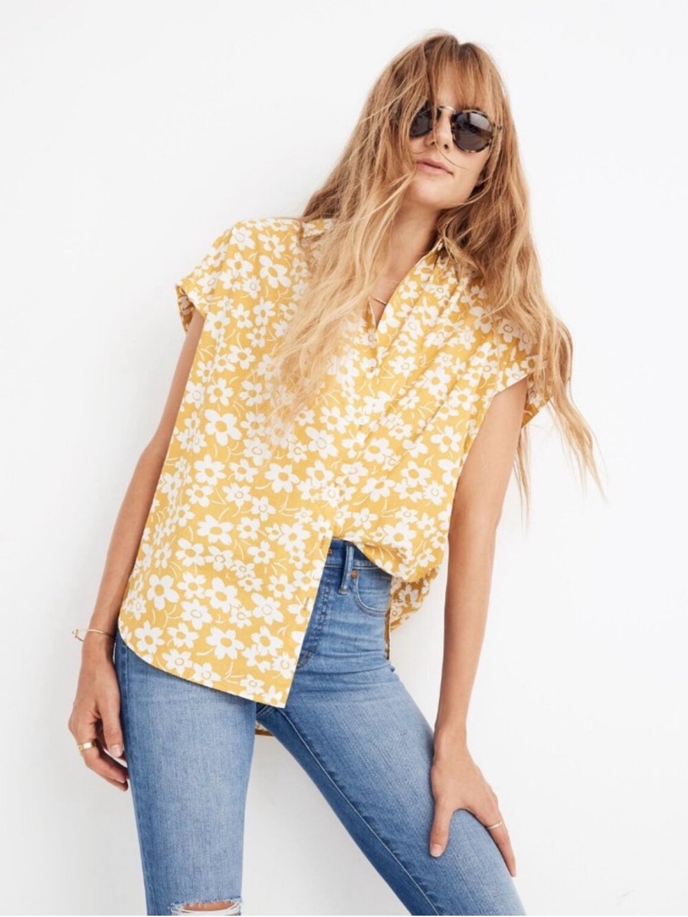MADEWELL Central Retro Floral Yellow Cotton Poplin Oversized Shirt, Size XS